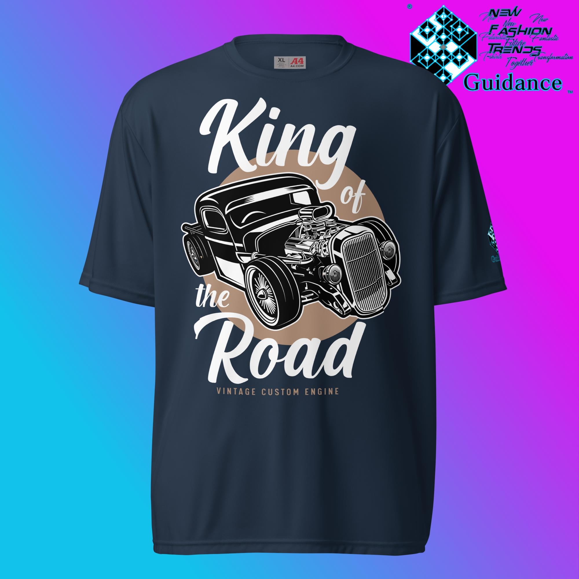 Road Monarch T-Shirt with Vintage Car Engine Design by XGuidance Navy 4