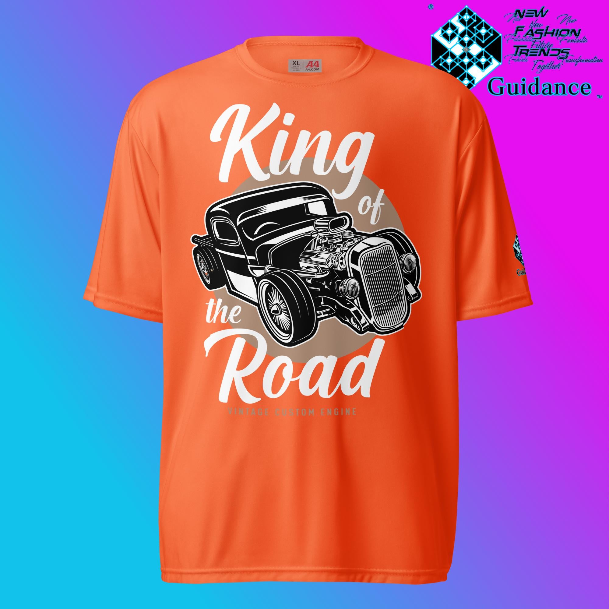 Road Monarch T-Shirt with Vintage Car Engine Design by XGuidance Safety Orange 8