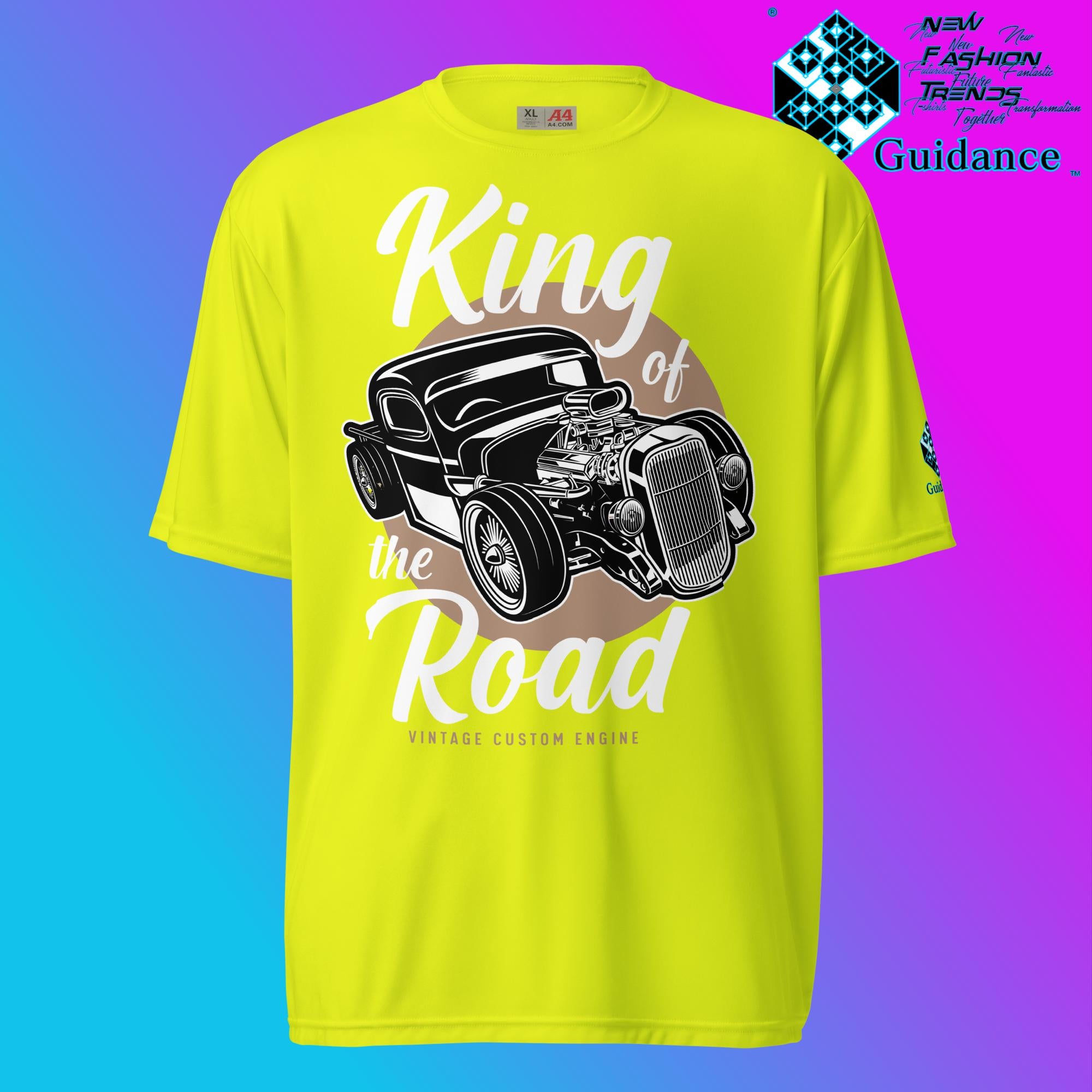 Road Monarch T-Shirt with Vintage Car Engine Design by XGuidance Safety Yellow 9
