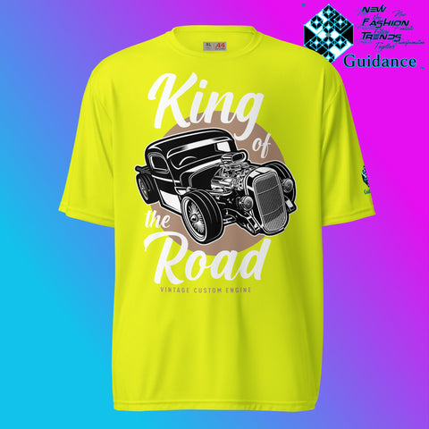 Road Monarch T-Shirt with Vintage Car Engine Design by XGuidance Safety Yellow 9
