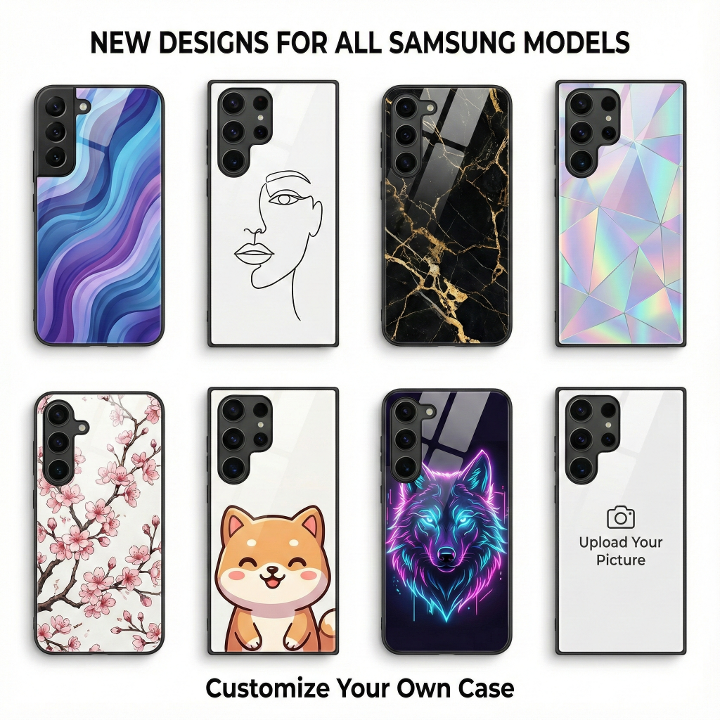 Various phone case designs for Samsung models on a white background
