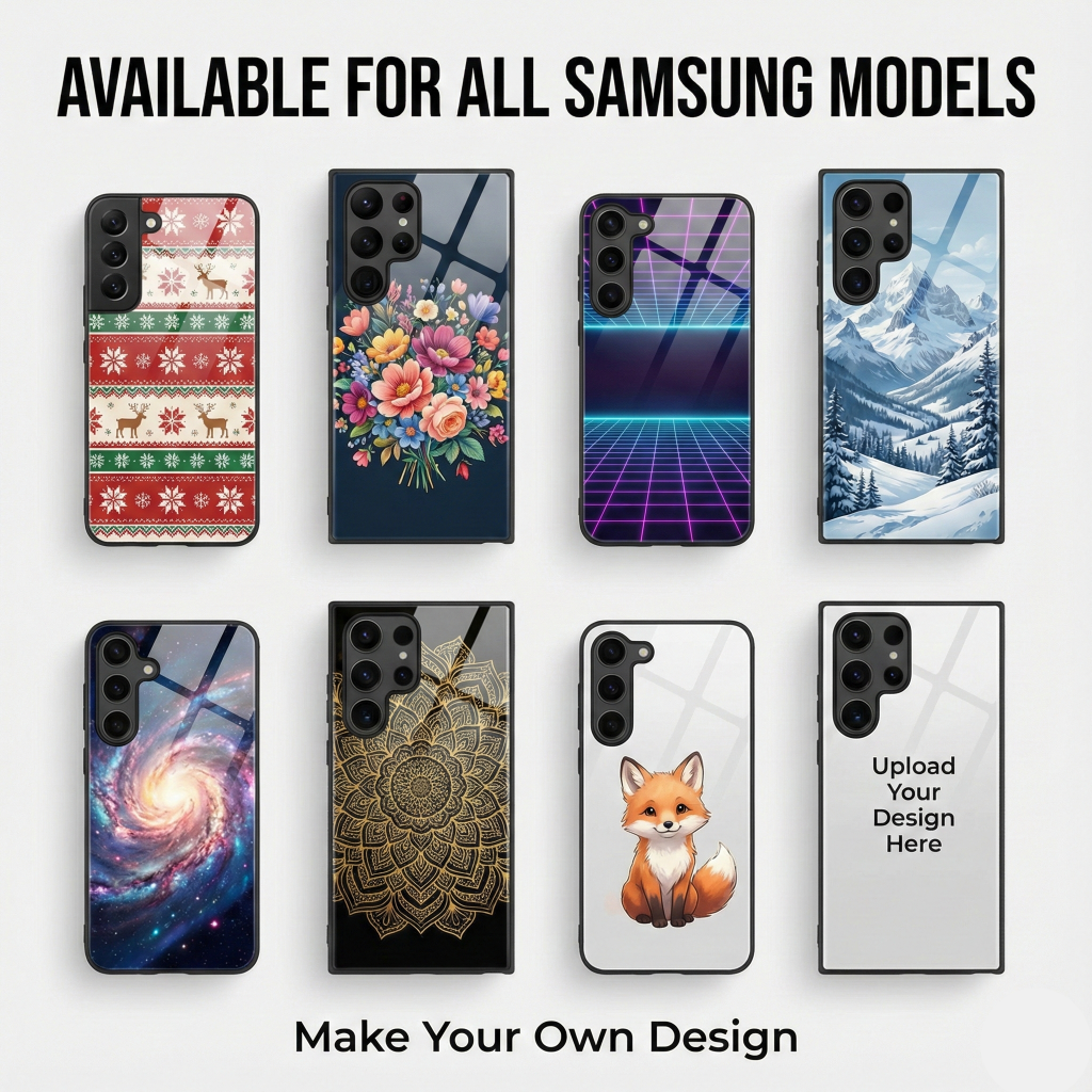 Various phone case designs available for Samsung models with text indicating customization options.