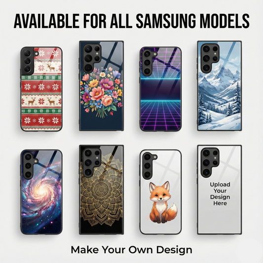 Various phone case designs available for Samsung models with text indicating customization options.