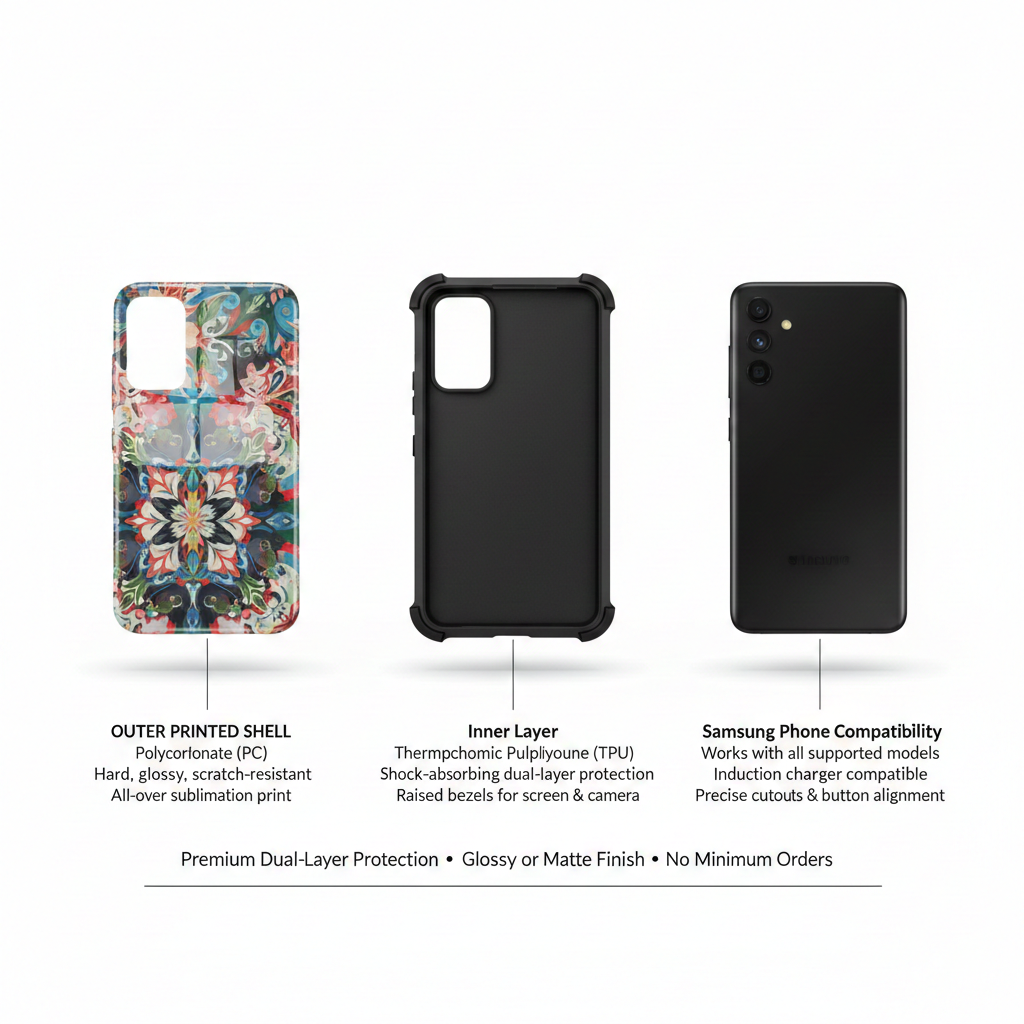 Phone case with floral design, black case, and Samsung phone compatibility on a white background