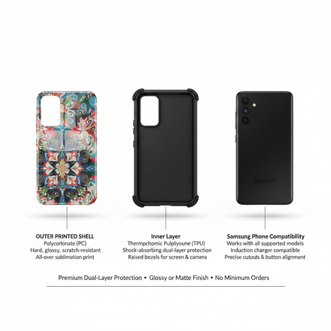 Phone case with floral design, black case, and Samsung phone compatibility on a white background