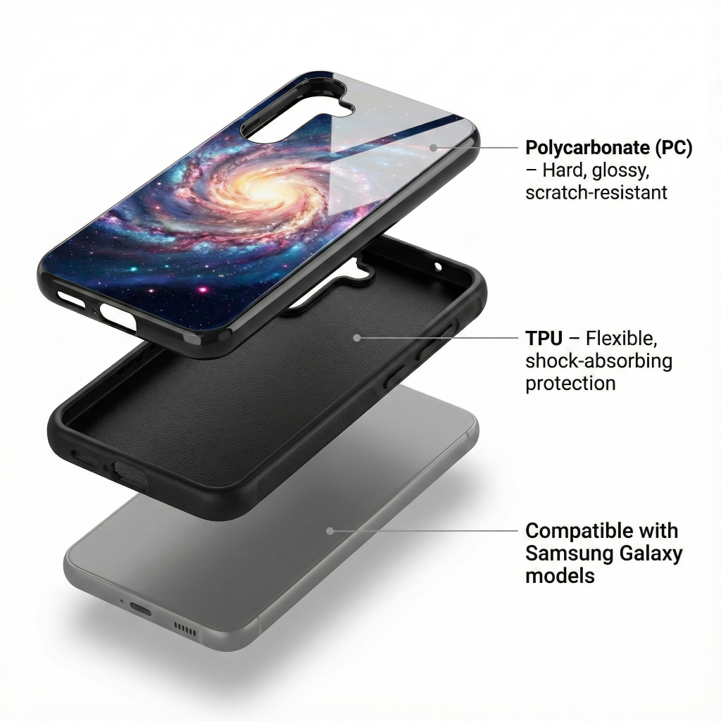 Phone case with layers labeled for materials and compatibility with Samsung Galaxy models
