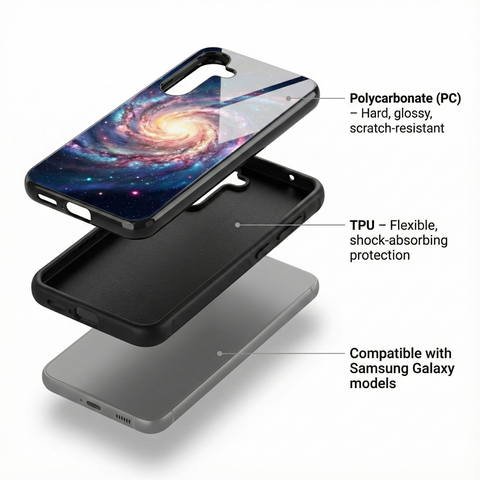 Phone case with layers labeled for materials and compatibility with Samsung Galaxy models
