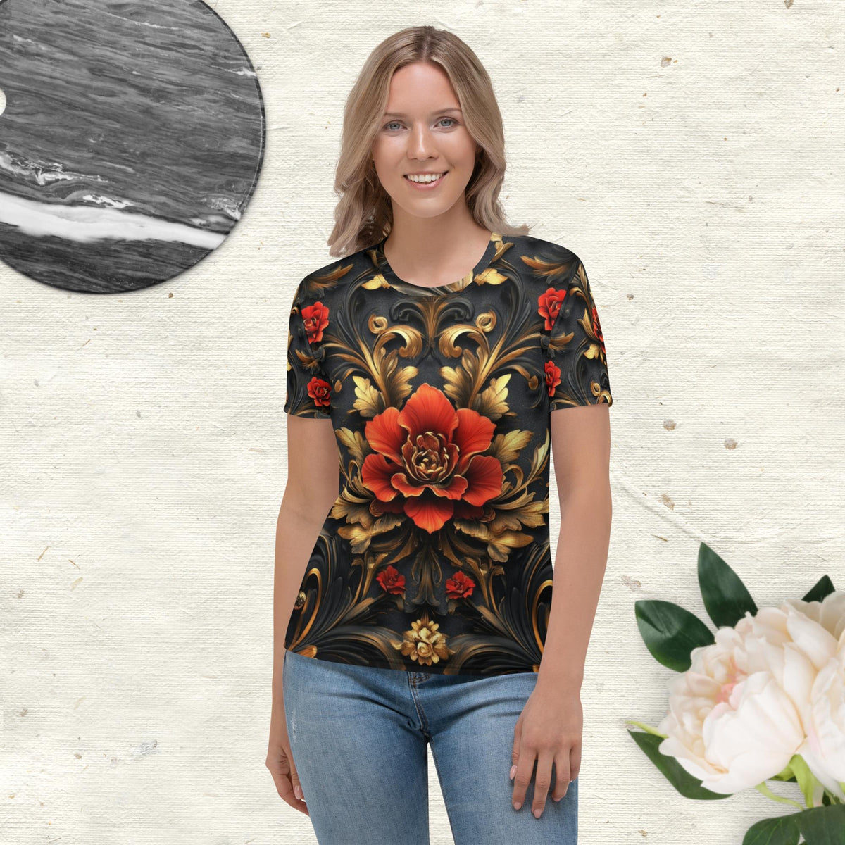 Scarlet Elegance Tee – Baroque Rose Print on Black Shirt by XGuidance XS 1