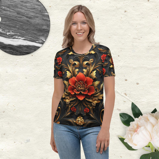 Scarlet Elegance Tee – Baroque Rose Print on Black Shirt by XGuidance XS 1