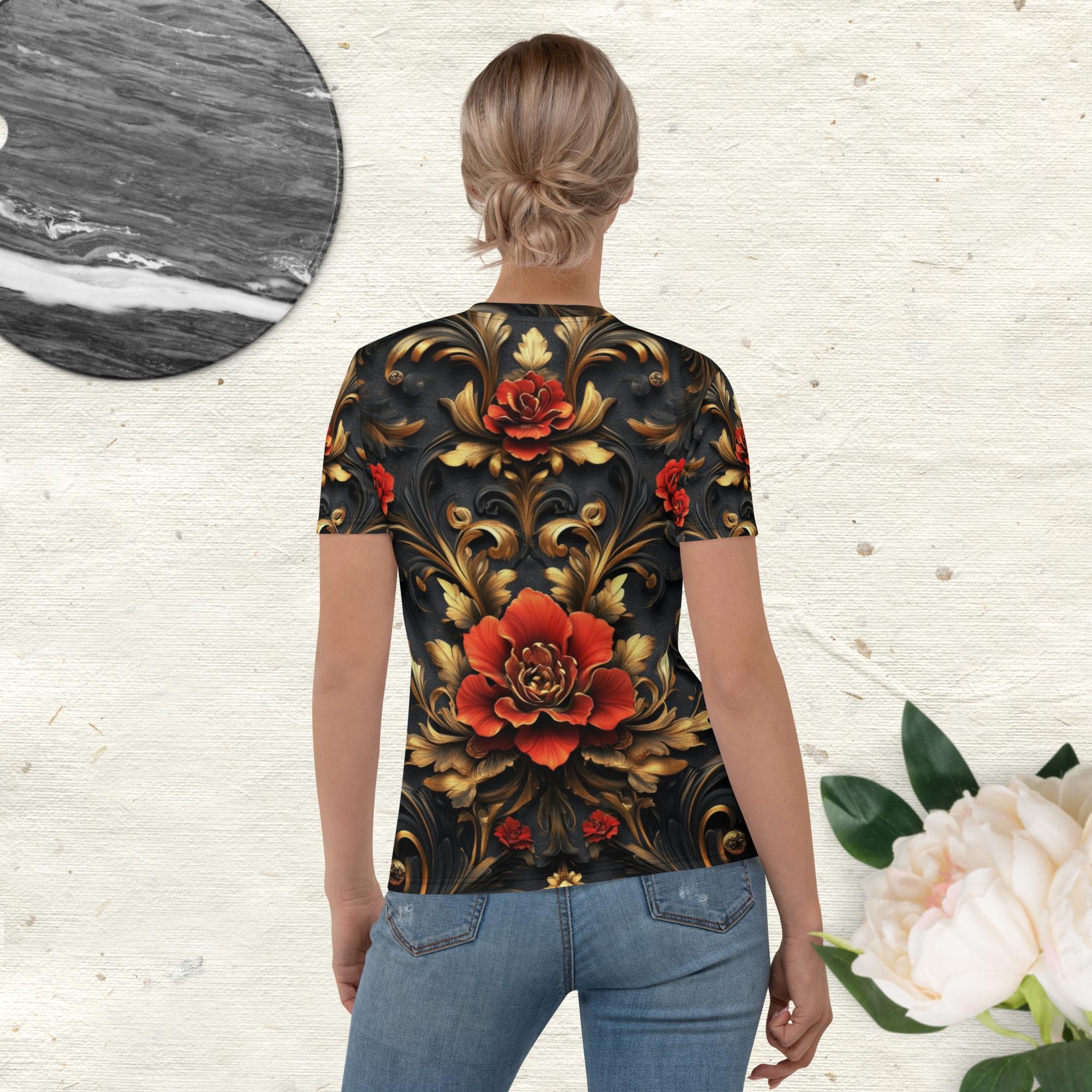 Scarlet Elegance Tee – Baroque Rose Print on Black Shirt by XGuidance XS 2