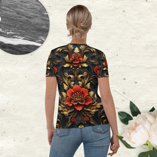 Scarlet Elegance Tee – Baroque Rose Print on Black Shirt by XGuidance XS 2
