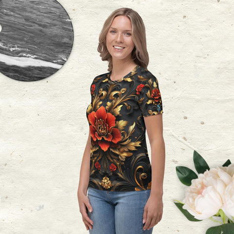 Scarlet Elegance Tee – Baroque Rose Print on Black Shirt by XGuidance XS 3