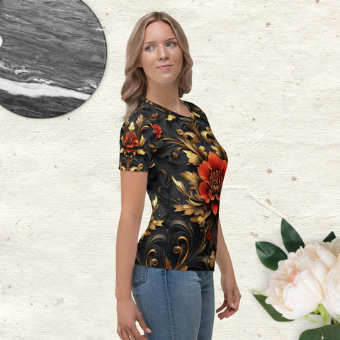 Scarlet Elegance Tee – Baroque Rose Print on Black Shirt by XGuidance XS 4