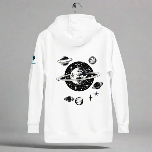 Stellar Symphony Hoodie – Celestial Planet Alignment by XGuidance White 1