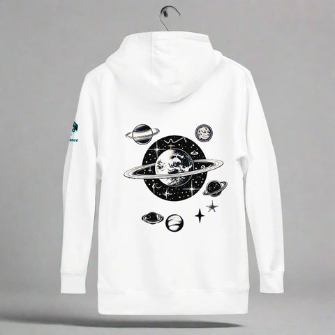 Stellar Symphony Hoodie – Celestial Planet Alignment by XGuidance White 1
