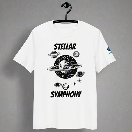 Stellar Symphony T-Shirt with Cosmic Planet Design by XGuidance White 1