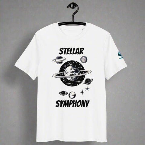 Stellar Symphony T-Shirt with Cosmic Planet Design by XGuidance White 1
