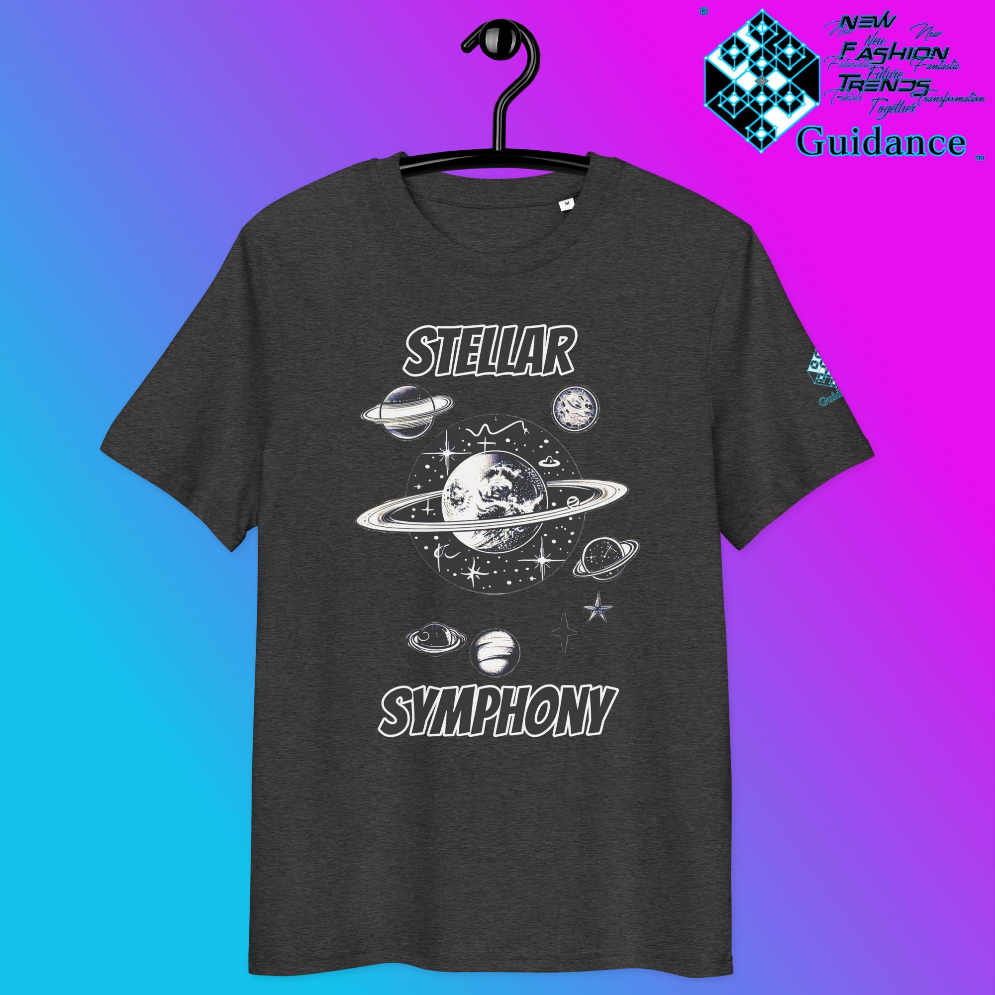 Stellar Symphony T-Shirt with Cosmic Planet Design by XGuidance Dark Heather Grey 3