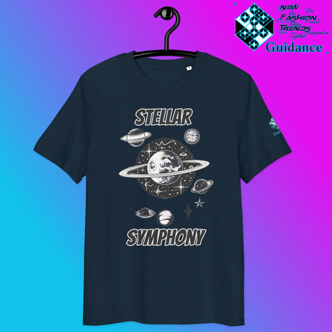 Stellar Symphony T-Shirt with Cosmic Planet Design by XGuidance French Navy 6