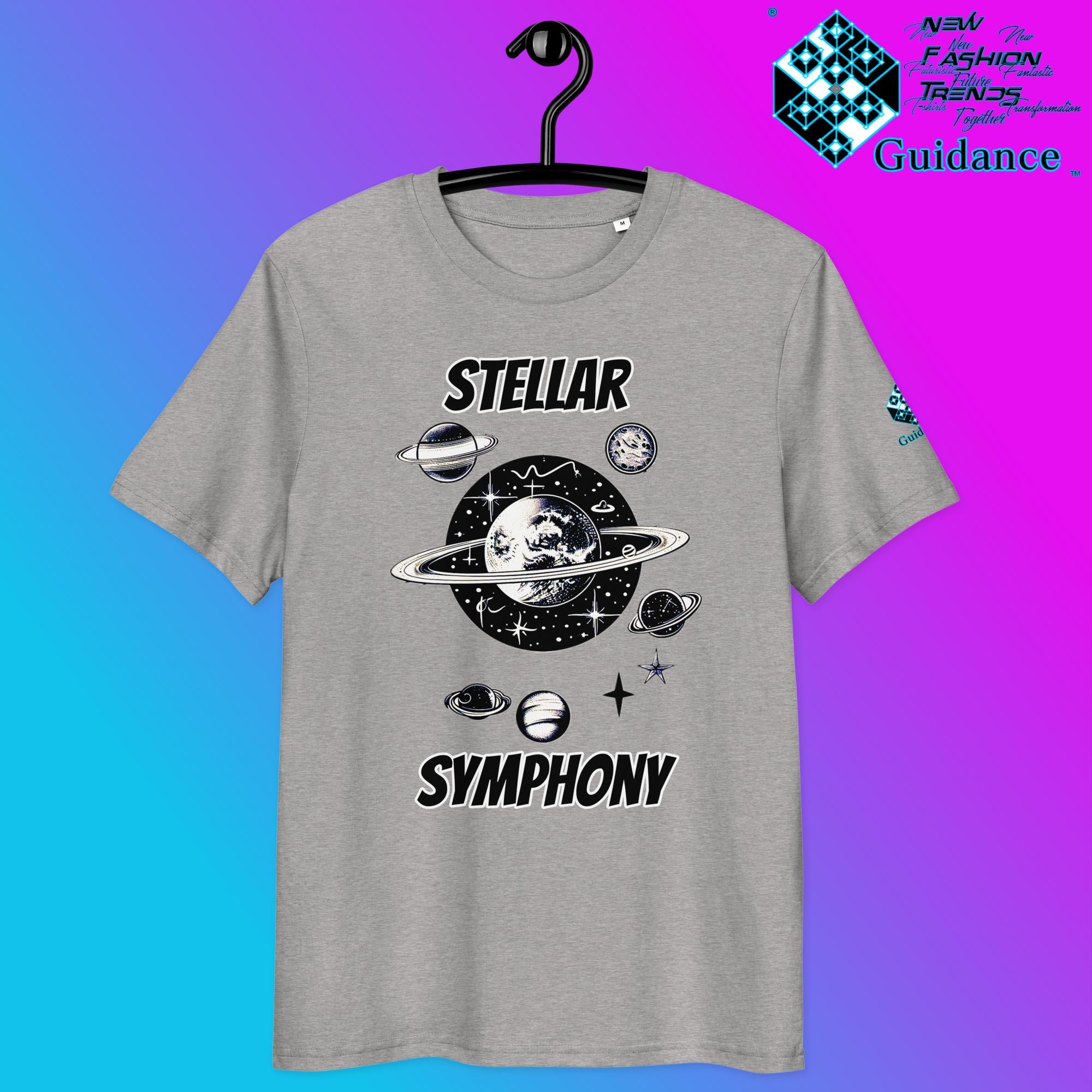 Stellar Symphony T-Shirt with Cosmic Planet Design by XGuidance Heather Grey 7