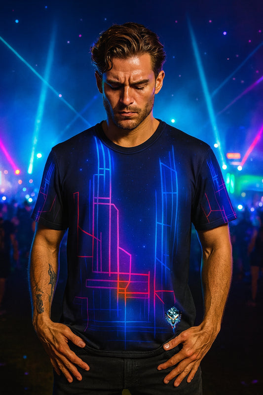 Synth City Skyline T-Shirt, Neon Techwear T-Shirts by XGuidance XS 1