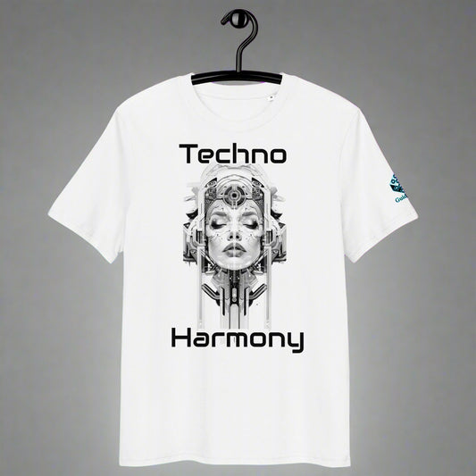 Techno Harmony Tee with Futuristic Human-Machine Fusion by XGuidance White 1