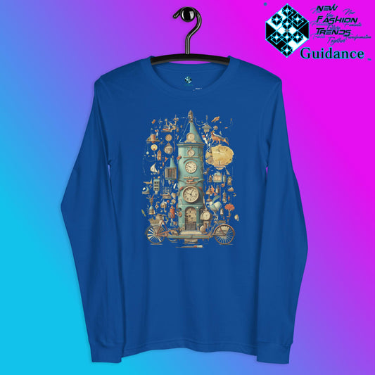 Time Warp Chronicles Long Sleeve T-Shirt with Steampunk Clock Design by XGuidance True Royal 1