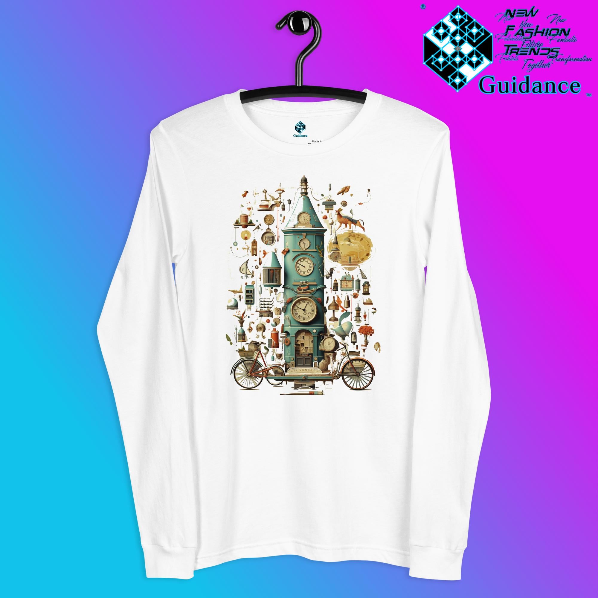 Time Warp Chronicles Long Sleeve T-Shirt with Steampunk Clock Design by XGuidance White 2