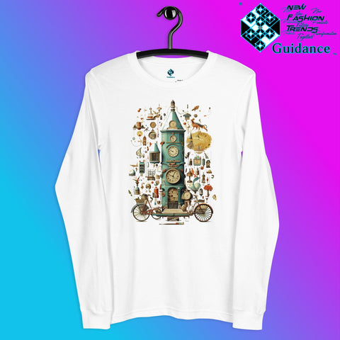 Time Warp Chronicles Long Sleeve T-Shirt with Steampunk Clock Design by XGuidance White 2