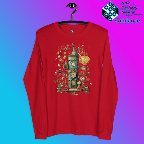 Time Warp Chronicles Long Sleeve T-Shirt with Steampunk Clock Design by XGuidance Red 3