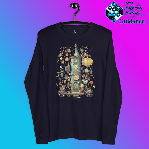 Time Warp Chronicles Long Sleeve T-Shirt with Steampunk Clock Design by XGuidance Navy 4