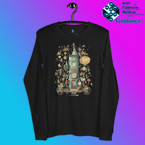 Time Warp Chronicles Long Sleeve T-Shirt with Steampunk Clock Design by XGuidance Black Heather 5
