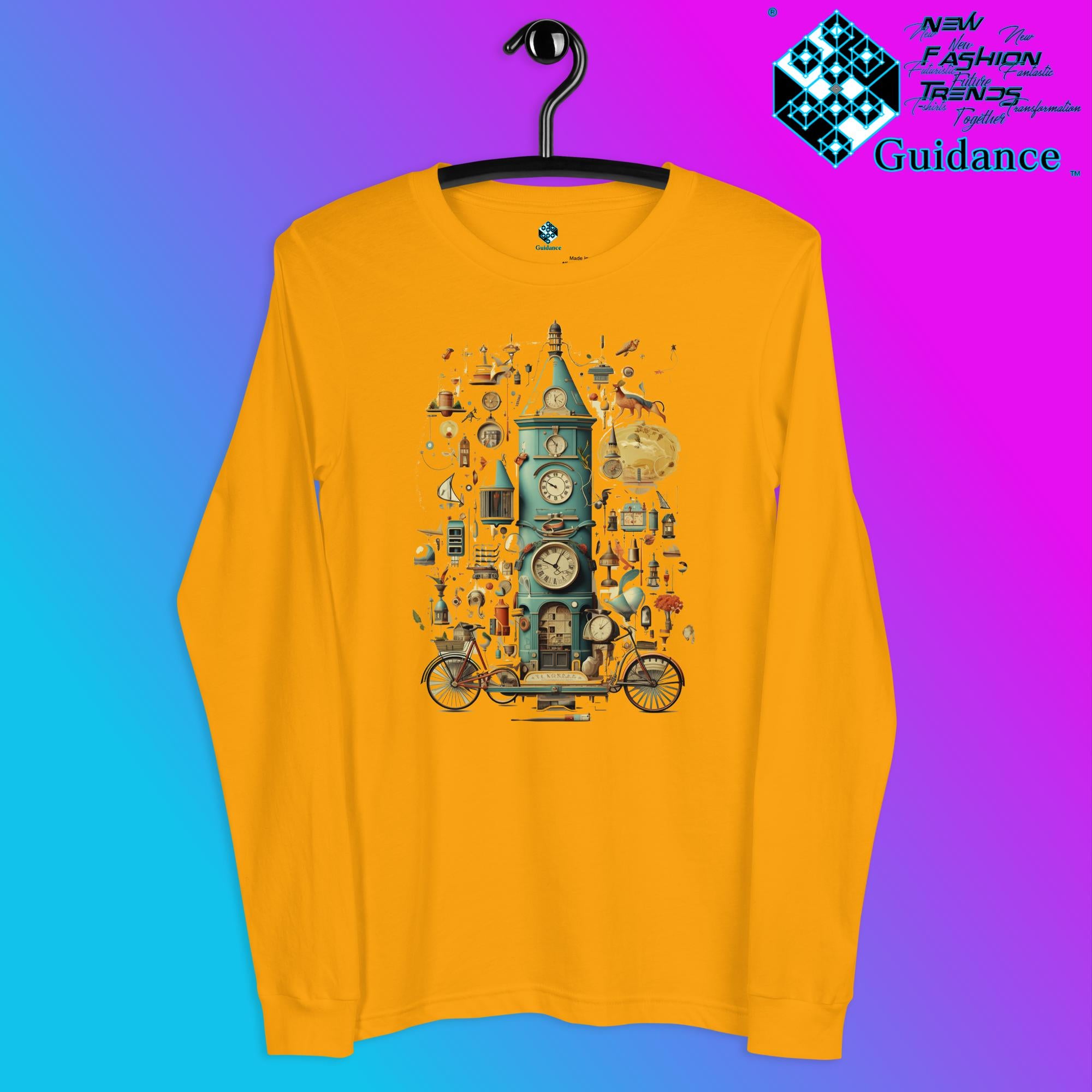 Time Warp Chronicles Long Sleeve T-Shirt with Steampunk Clock Design by XGuidance Gold 6