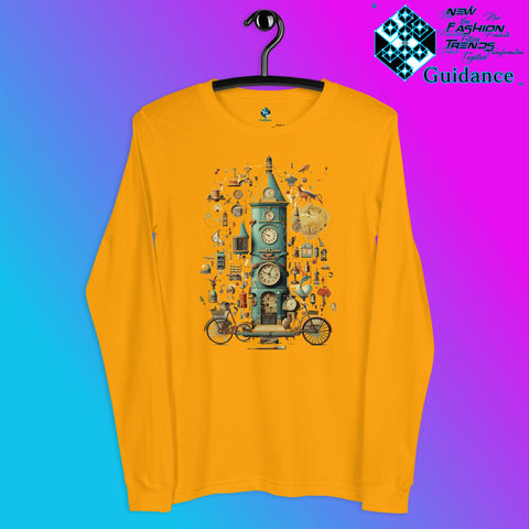 Time Warp Chronicles Long Sleeve T-Shirt with Steampunk Clock Design by XGuidance Gold 6