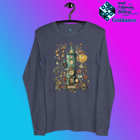 Time Warp Chronicles Long Sleeve T-Shirt with Steampunk Clock Design by XGuidance Heather Navy 9