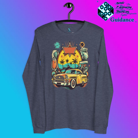 Vintage Voyage Long Sleeve T-Shirt with Retro Travel Design by XGuidance Heather Navy 1