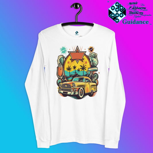 Vintage Voyage Long Sleeve T-Shirt with Retro Travel Design by XGuidance White 2