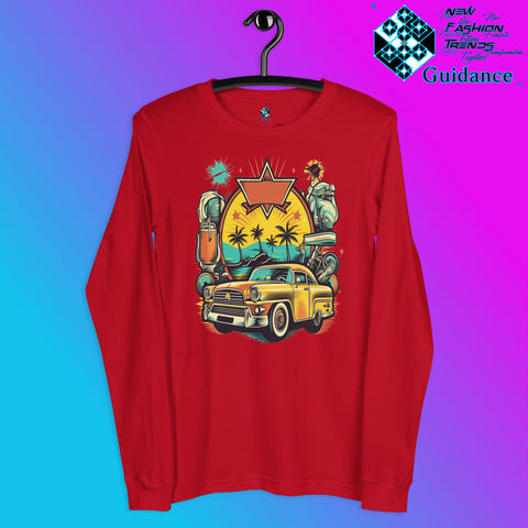 Vintage Voyage Long Sleeve T-Shirt with Retro Travel Design by XGuidance Red 3