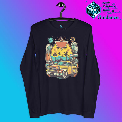 Vintage Voyage Long Sleeve T-Shirt with Retro Travel Design by XGuidance Navy 4
