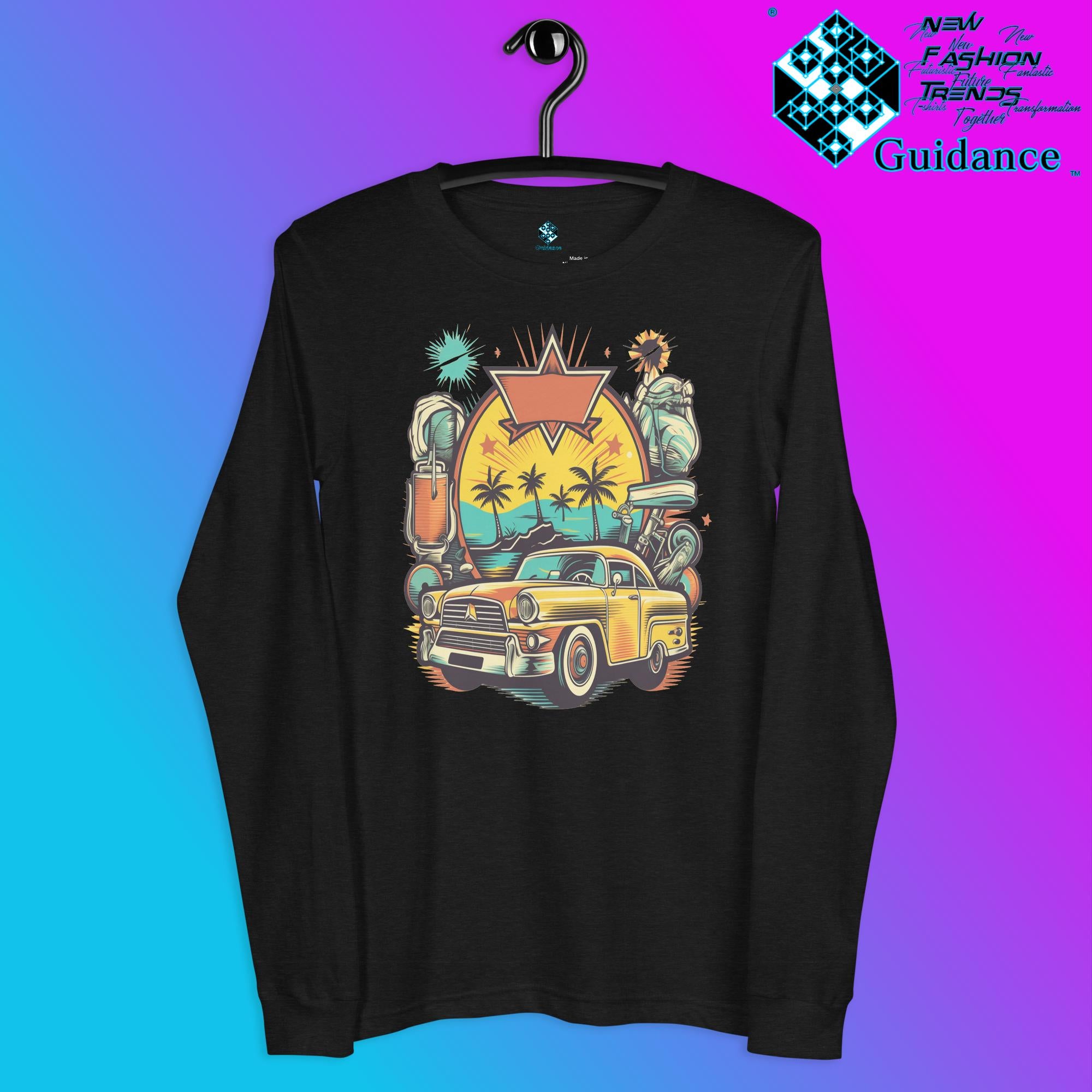 Vintage Voyage Long Sleeve T-Shirt with Retro Travel Design by XGuidance Black Heather 5