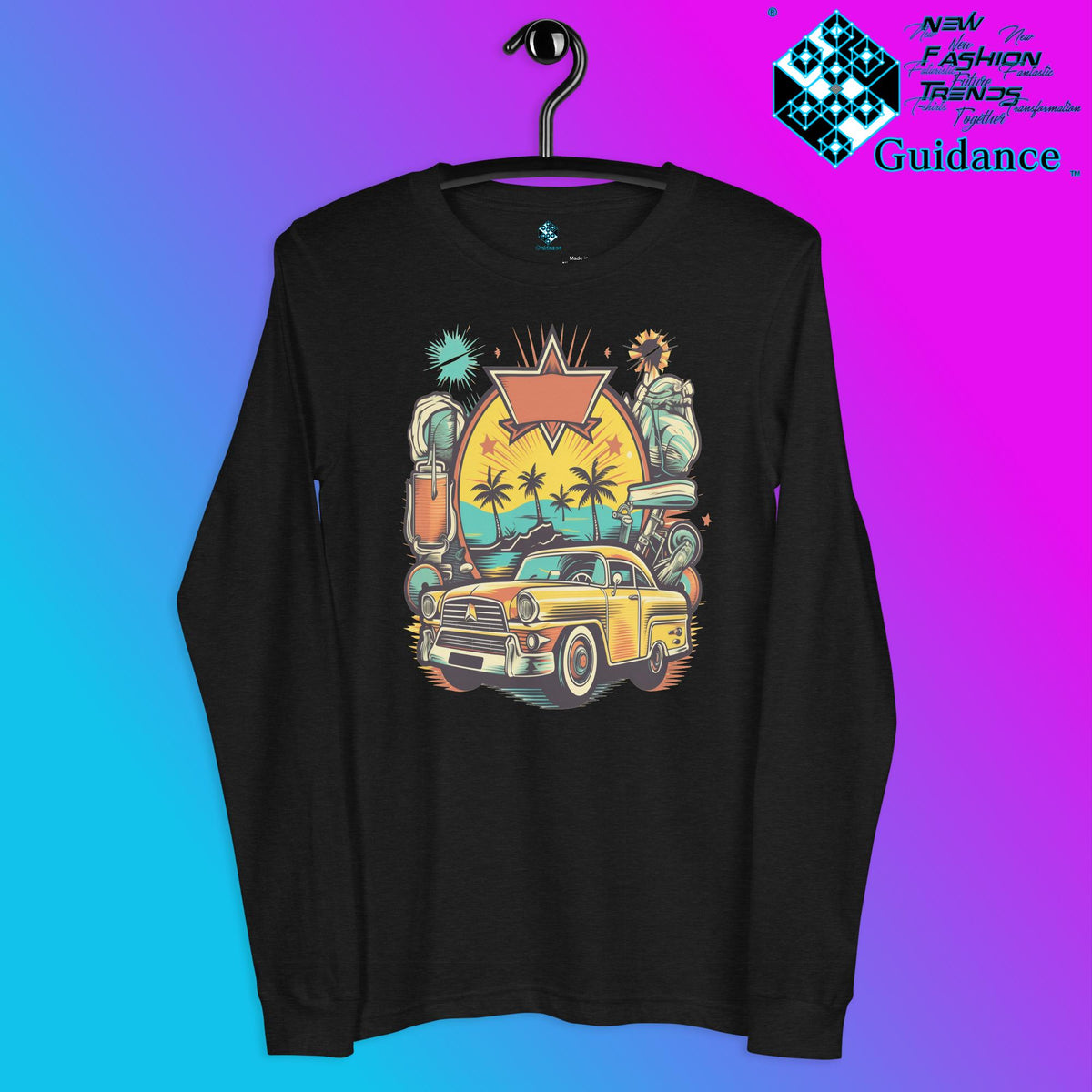 Vintage Voyage Long Sleeve T-Shirt with Retro Travel Design by XGuidance Black Heather 5