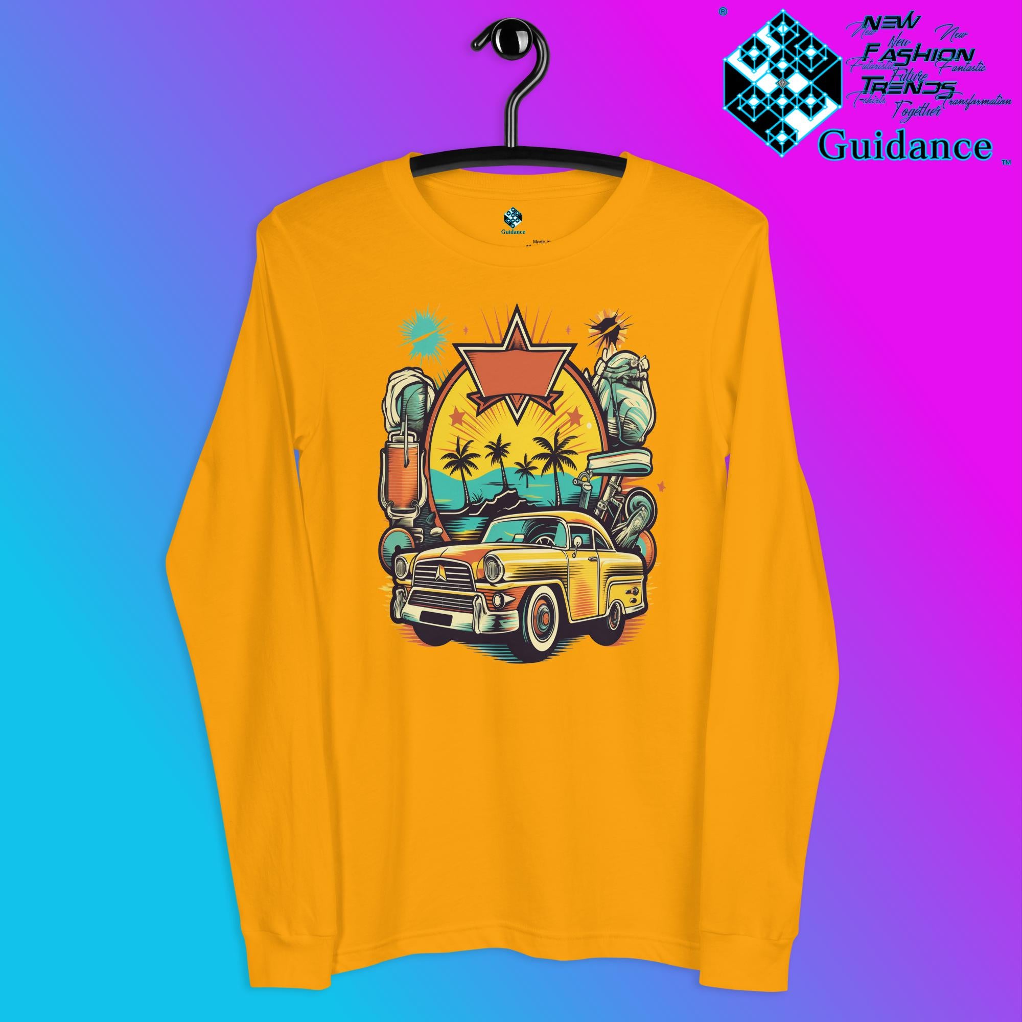 Vintage Voyage Long Sleeve T-Shirt with Retro Travel Design by XGuidance Gold 6