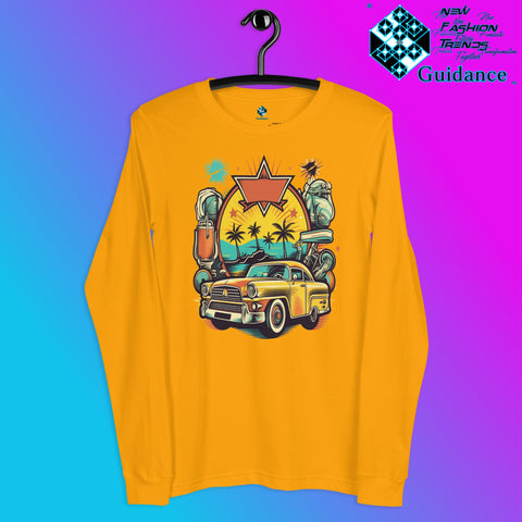 Vintage Voyage Long Sleeve T-Shirt with Retro Travel Design by XGuidance Gold 6