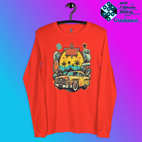 Vintage Voyage Long Sleeve T-Shirt with Retro Travel Design by XGuidance Poppy 7