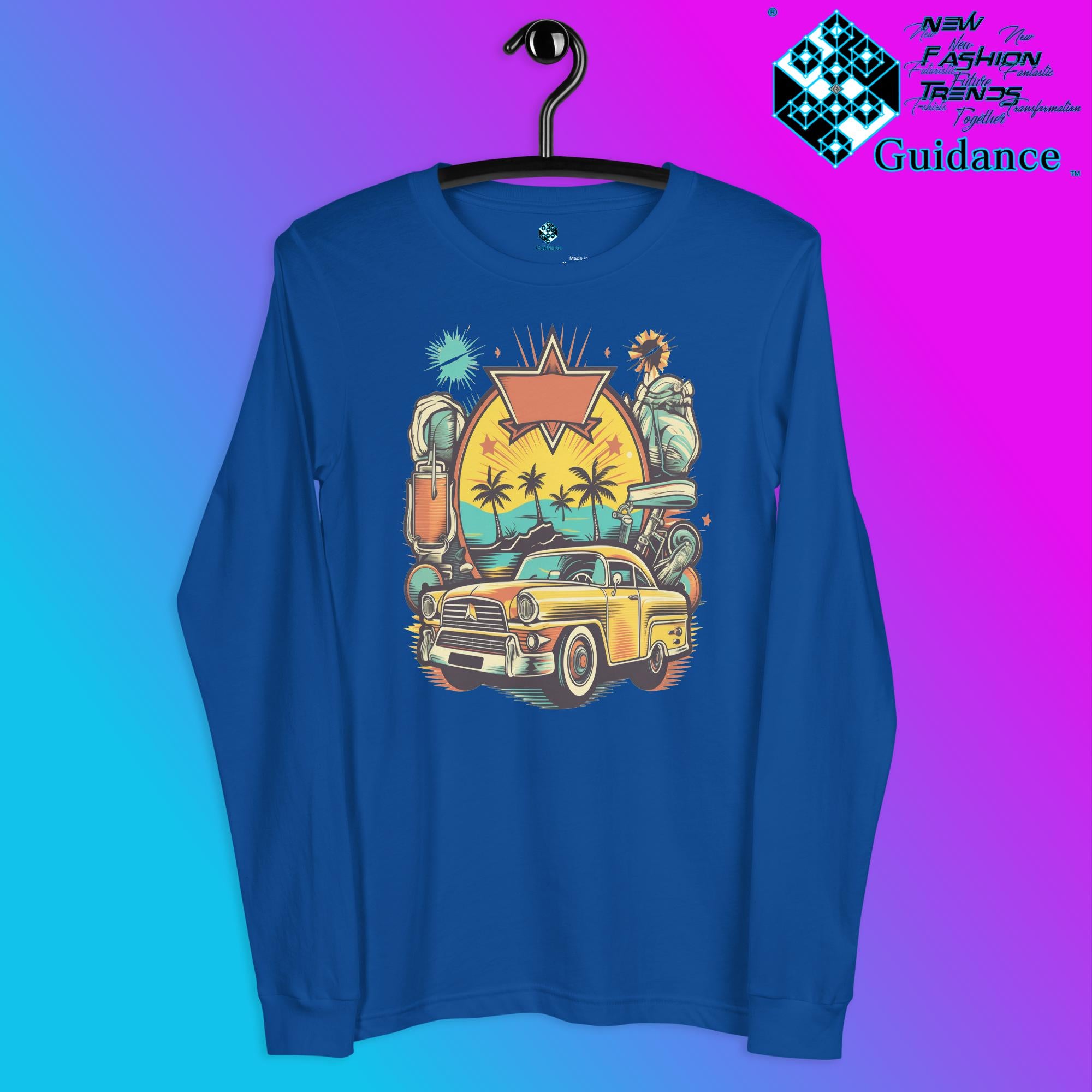 Vintage Voyage Long Sleeve T-Shirt with Retro Travel Design by XGuidance True Royal 9