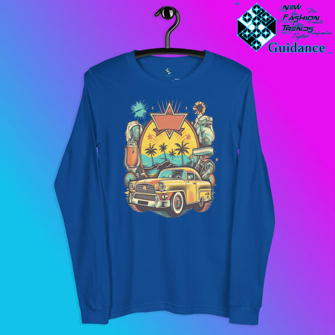 Vintage Voyage Long Sleeve T-Shirt with Retro Travel Design by XGuidance True Royal 9