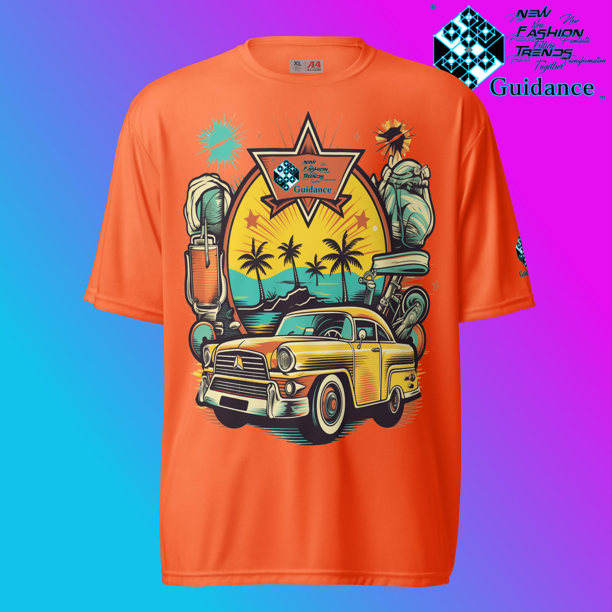 Vintage Voyage Retro Car & Palm T Shirt by XGuidance Safety Orange 7