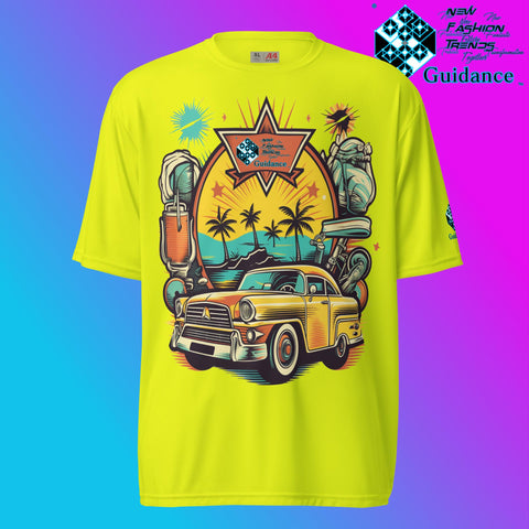Vintage Voyage Retro Car & Palm T Shirt by XGuidance Safety Yellow 8