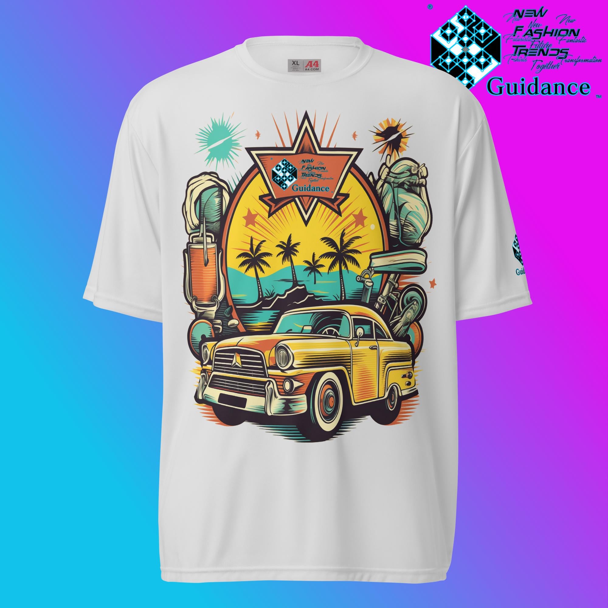 Vintage Voyage Retro Car & Palm T Shirt by XGuidance Silver 9