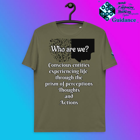 Who Are We T-Shirt with Consciousness Quote by XGuidance Khaki 11